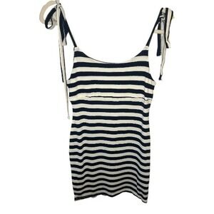 NWT En Creme Navy White Striped Dress Small Tie Strap Knit Cutout Back
